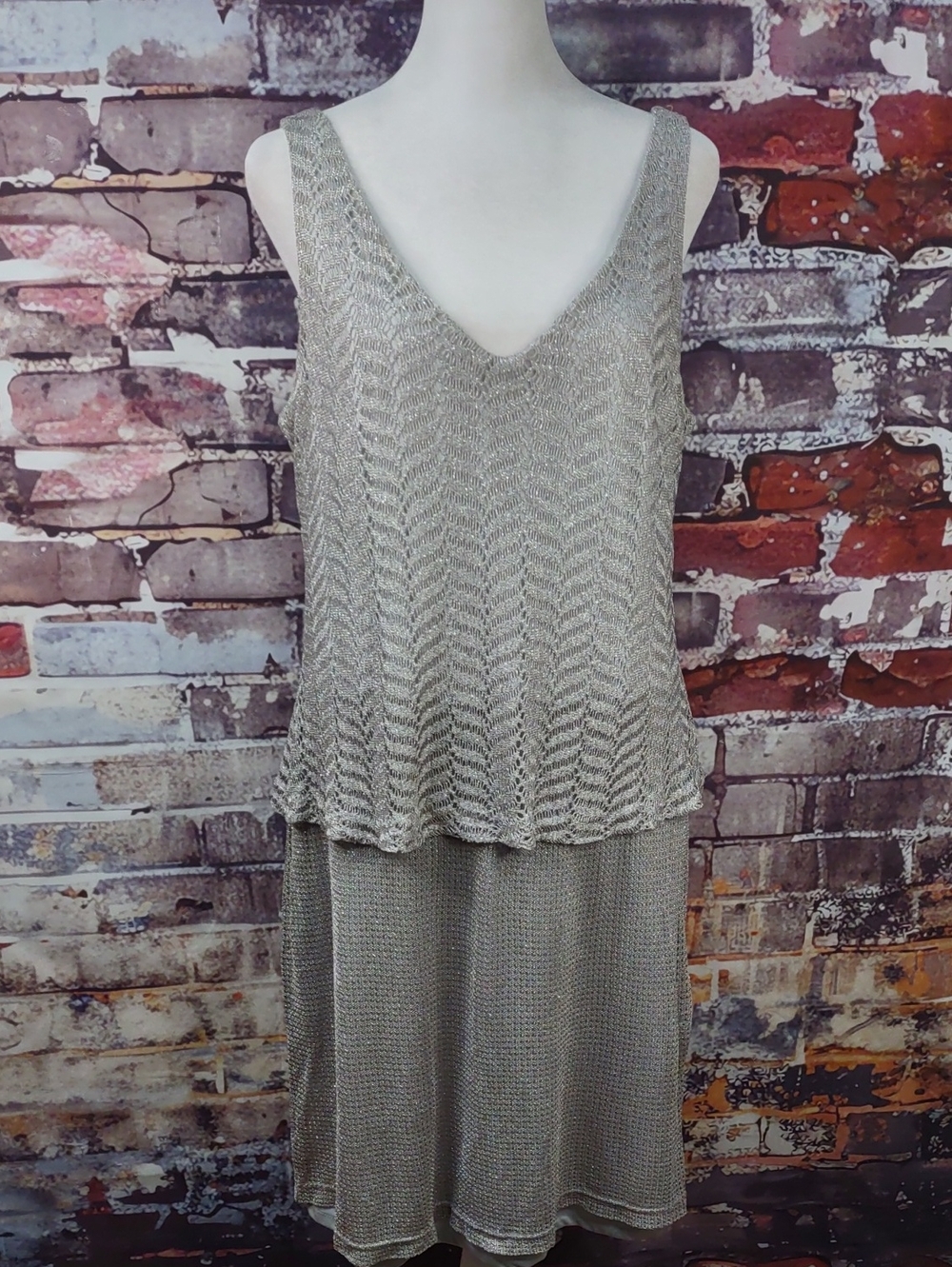 Jeffrey & Dara Evenings Silver Crochet Pop-over Dress
